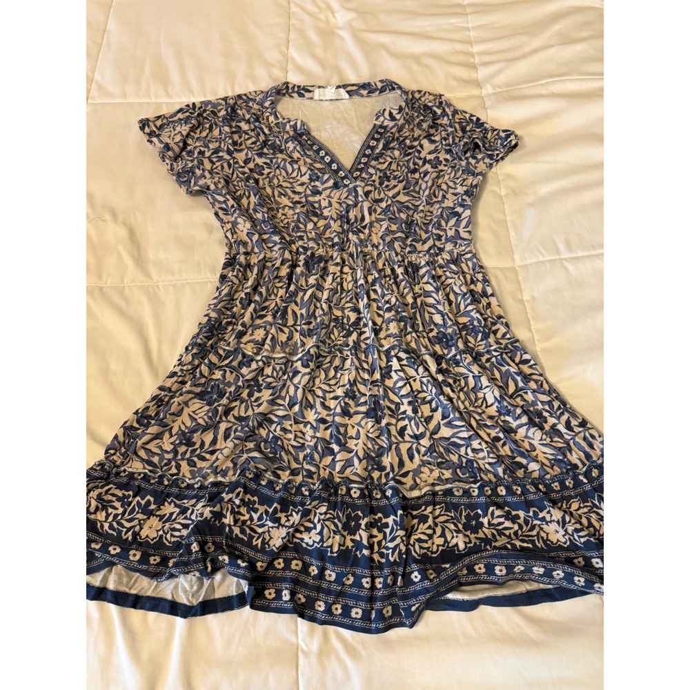 Lucky Brand Blue White Floral Mini Dress Petite Large PL Boho Flutter Sleeve